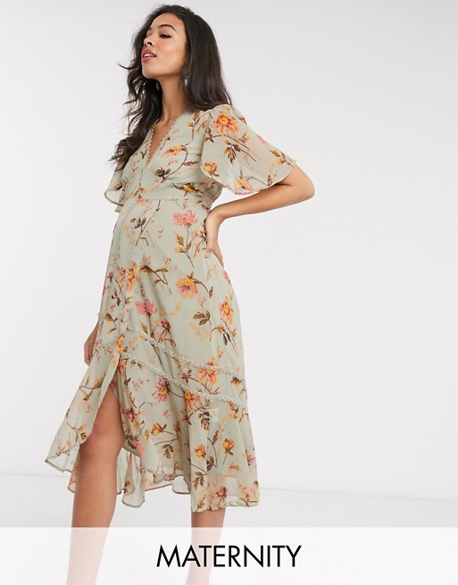 Hope & Ivy Maternity plunge midi tea dress in meadow floral