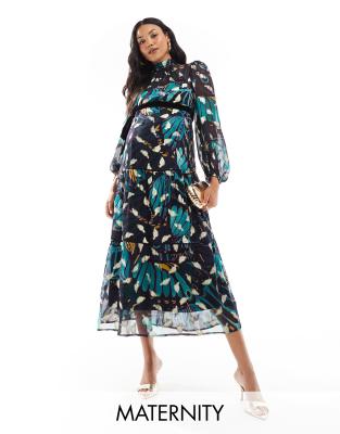 premium printed maxi dress with velvet belt and gold fleck in teal-Multi