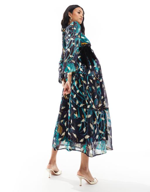 Hope & Ivy Maternity premium printed maxi dress with velvet belt and gold  fleck in teal | ASOS