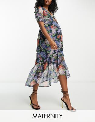 Hope & Ivy Maternity Puff Sleeve Midi Tea Dress In Blue Floral