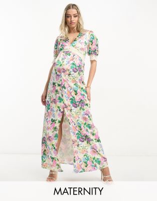 Hope & Ivy Maternity puff sleeve satin maxi dress in cream floral