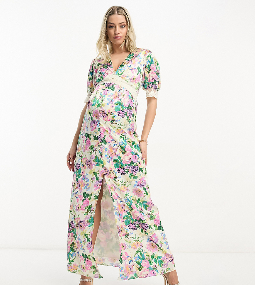 Hope & Ivy Maternity puff sleeve satin maxi dress in cream floral-White