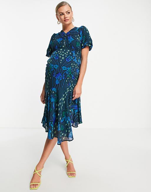 Hope & Ivy Maternity puff sleeve tea midi dress in cobalt star print Hope & Ivy Maternity puff sleeve tea midi dress in cobalt star print