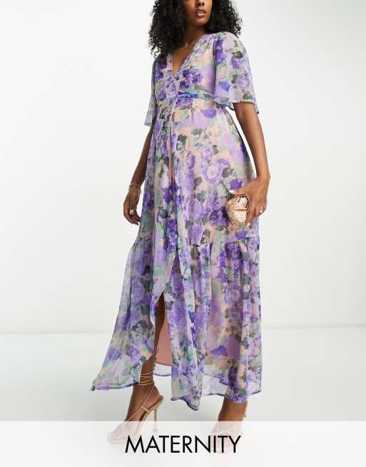 Hope & Ivy Maternity - Robe longue cache-cœur à fleurs avec manches évasées - Bleu