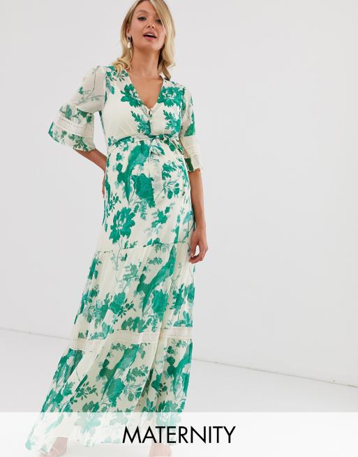 Hope Ivy Maternity Robe longue style boh me avec empi cements en dentelle Vert fleurs multicolores