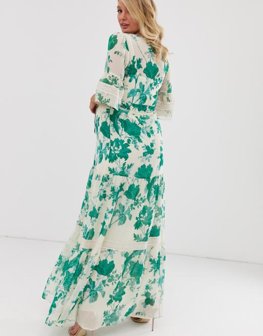 Hope Ivy Maternity Robe longue style boh me avec empi cements en dentelle Vert fleurs multicolores