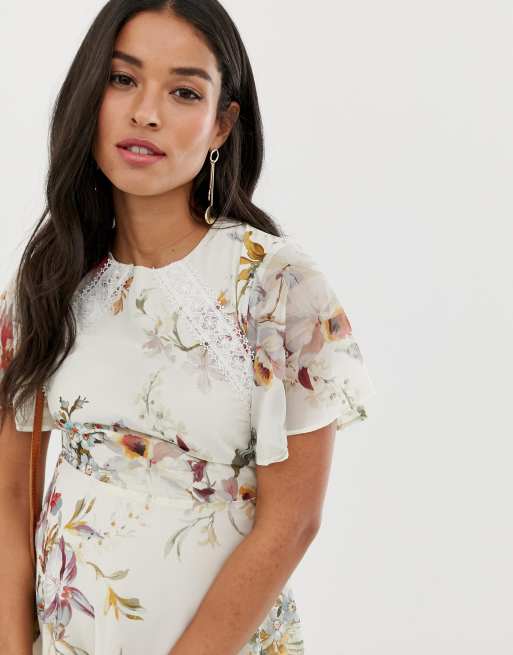 Hope & Ivy Maternity - Robe mi-longue à dos découvert - Crème fleuri, 3 de 4