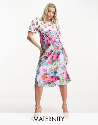 Hope & Ivy Maternity tie back puff sleeve midi dress in contrast floral - ASOS Price Checker