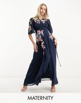 Hope & Ivy Maternity puff sleeve embroidered midi dress in navy - ASOS Price Checker