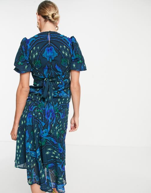 Hope & Ivy Maternity - Robe mi-longue rétro à manches bouffantes et imprimé étoiles - Bleu cobalt, 2 de 4