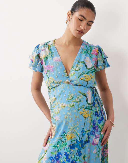Hope & Ivy Maternity - Robe portefeuille longue à manches évasées nouée à la taille - Bleu fleuri, 3 de 4