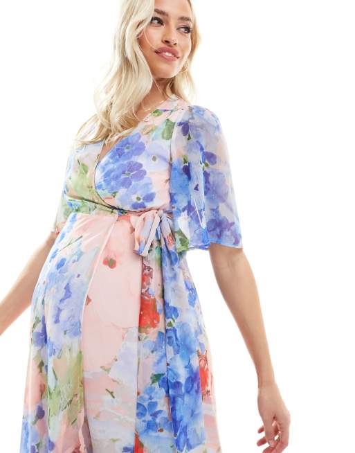 Hope & Ivy Maternity - Robe portefeuille longue à volants - Fleurs bleues et roses, 2 de 4