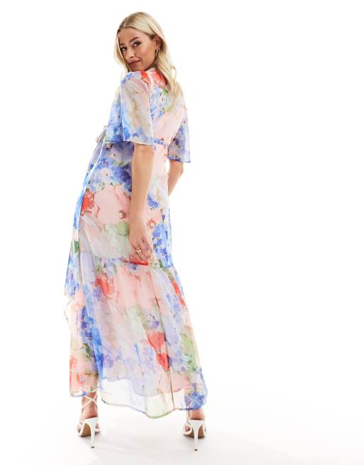 Hope & Ivy Maternity - Robe portefeuille longue à volants - Fleurs bleues et roses, 4 de 4
