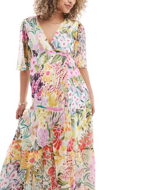 Hope & Ivy Maternity - Robe portefeuille longue - Imprimé fleurs de couleurs vives, 2 de 4