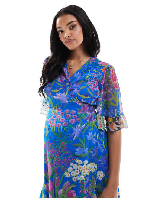 Hope & Ivy Maternity - Robe portefeuille longue imprimée avec manches à volants et liens à la taille - Bleu, 2 de 4