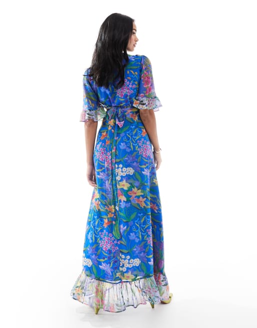 Hope & Ivy Maternity - Robe portefeuille longue imprimée avec manches à volants et liens à la taille - Bleu, 4 de 4