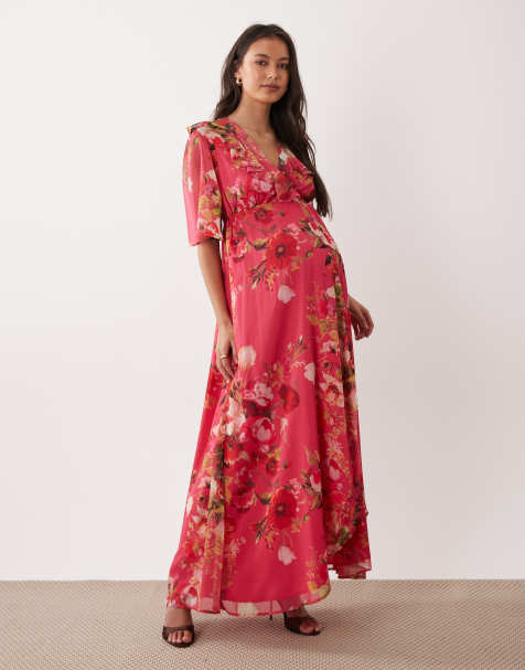 Hope & Ivy Maternity– Różowa sukienka kopertowa maxi z rozkloszowanymi rękawami i wiązaniem w talii, w kwiatowy wzór - view 1