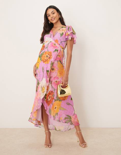 Hope & Ivy Maternity frill sleeve maxi wrap dress with tie waist in pink print
