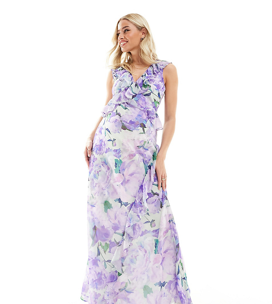 Hope & Ivy Maternity ruffle front maxi dress in lilac floral-Purple