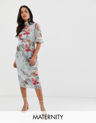 Hope & Ivy Maternity ruffle sleeve pencil dress in blue floral-Multi