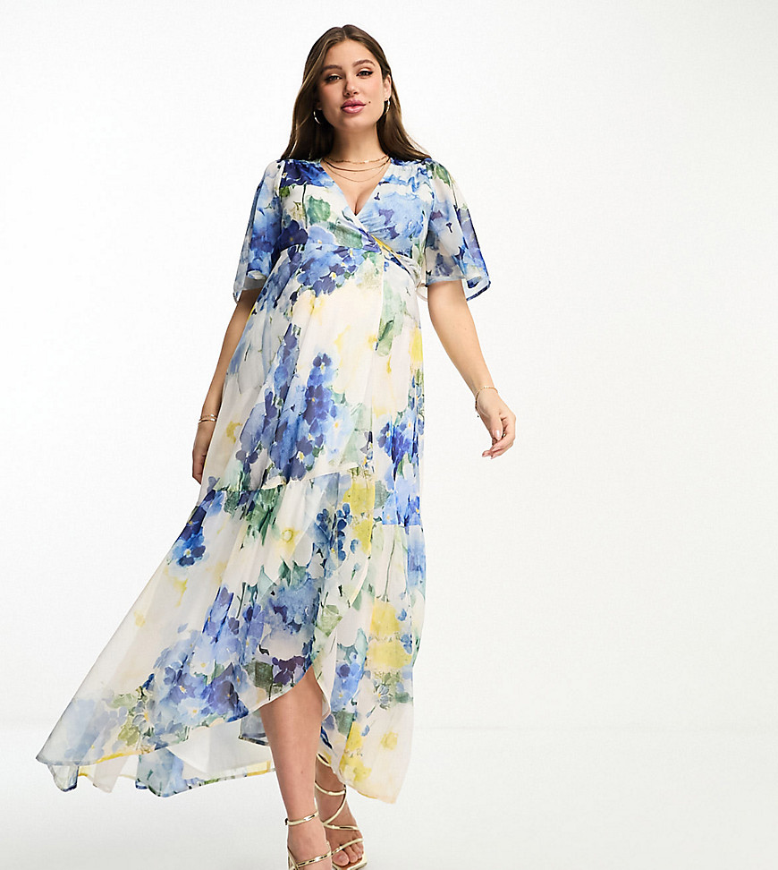 Hope & Ivy Maternity ruffle wrap maxi dress in blue floral print-Multi
