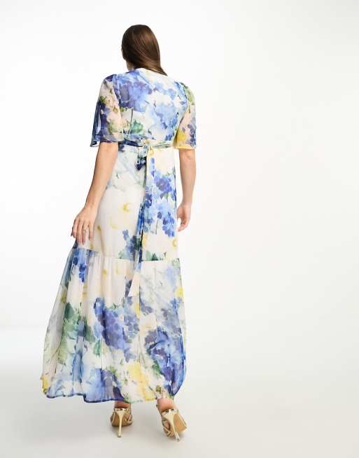 Hope & Ivy Maternity ruffle wrap maxi dress in blue floral print | ASOS