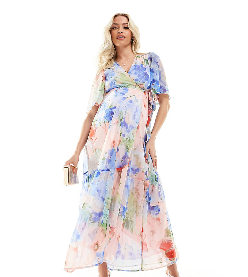ruffle wrap maxi dress in blue & pink floral