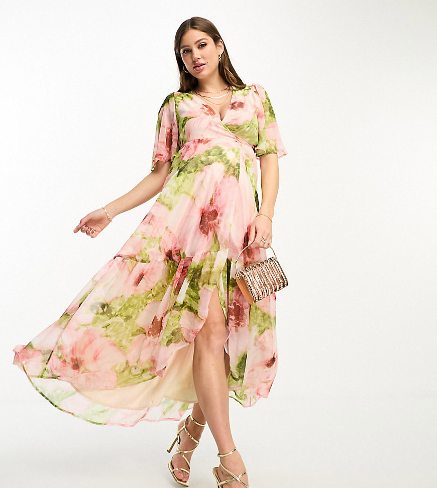Hope & Ivy Maternity ruffle wrap maxi dress in pink floral print-Multi