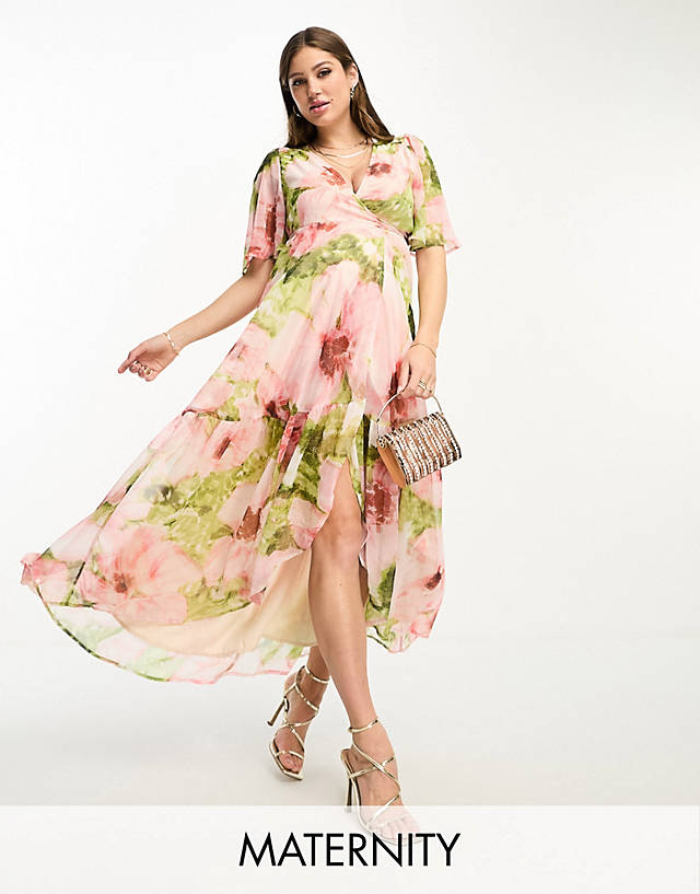 Hope & Ivy Maternity - ruffle wrap maxi dress in pink floral print