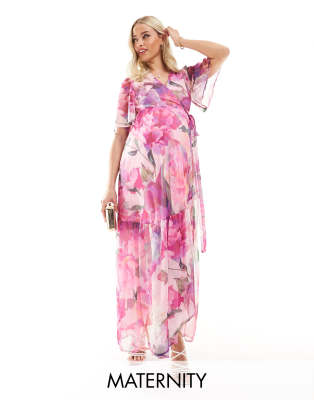 Hope & Ivy Maternity Ruffle Wrap Maxi Dress In Pink Floral