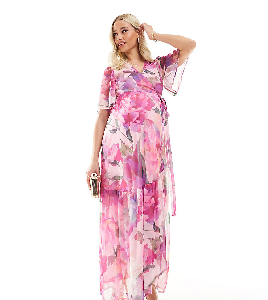 ruffle wrap maxi dress in pink floral