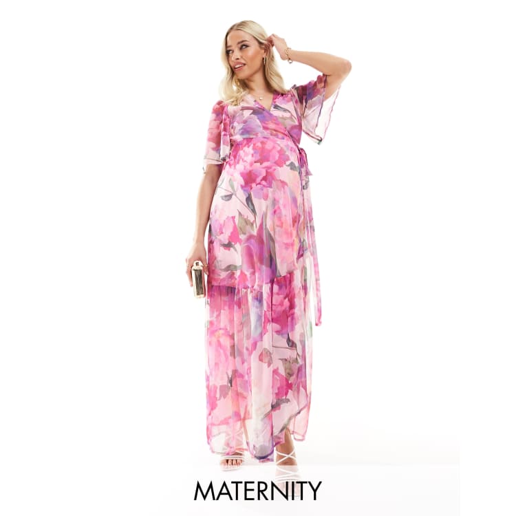 Hope Ivy Maternity ruffle wrap maxi dress in pink floral ASOS