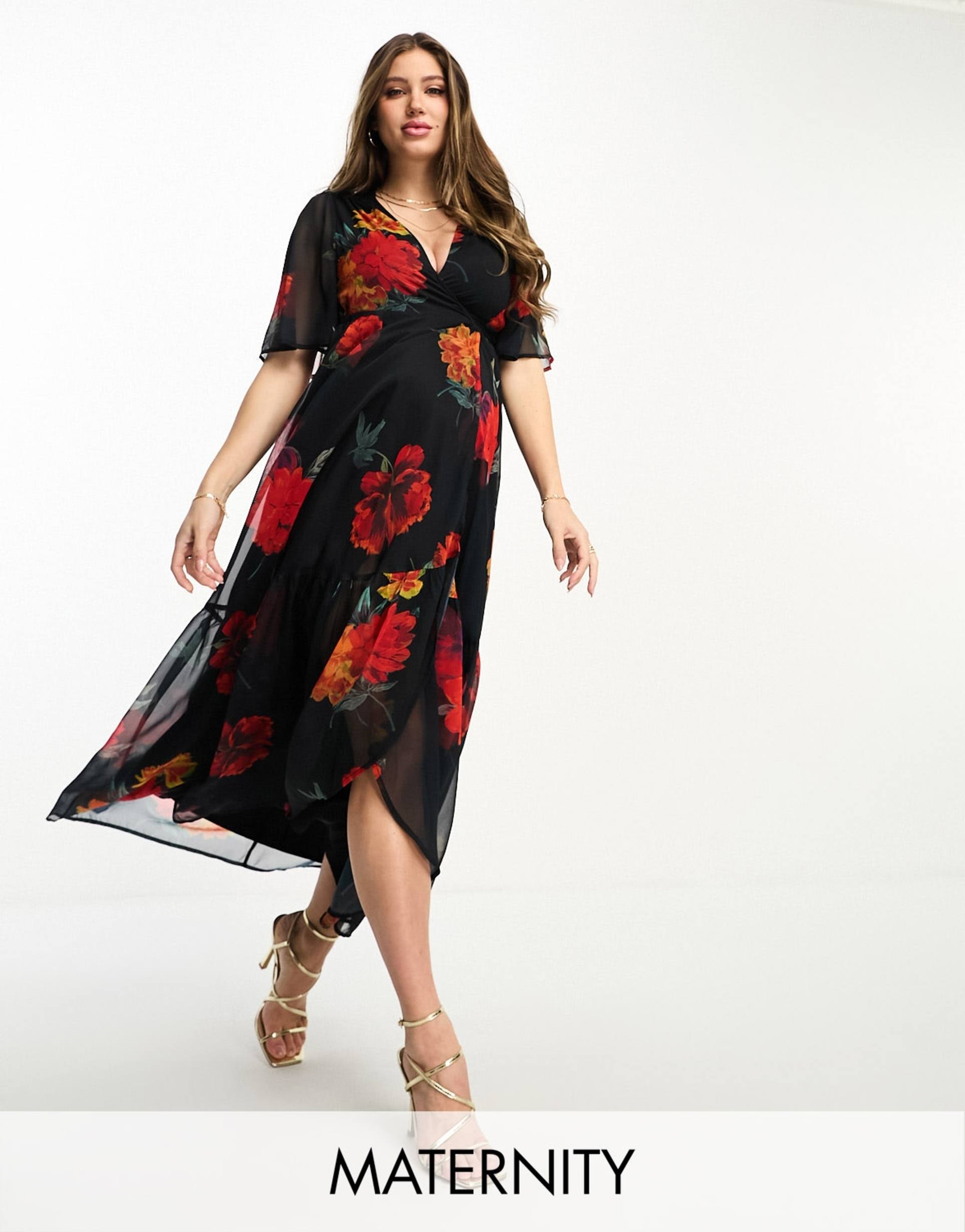 hope & ivy maternity ruffle wrap maxi dress in red floral