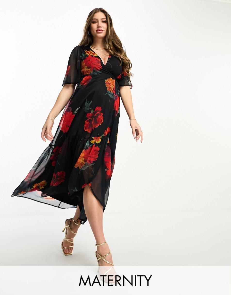 ASOS Maternity Long Sleeve Wrap Maxi Dress in Bold Floral