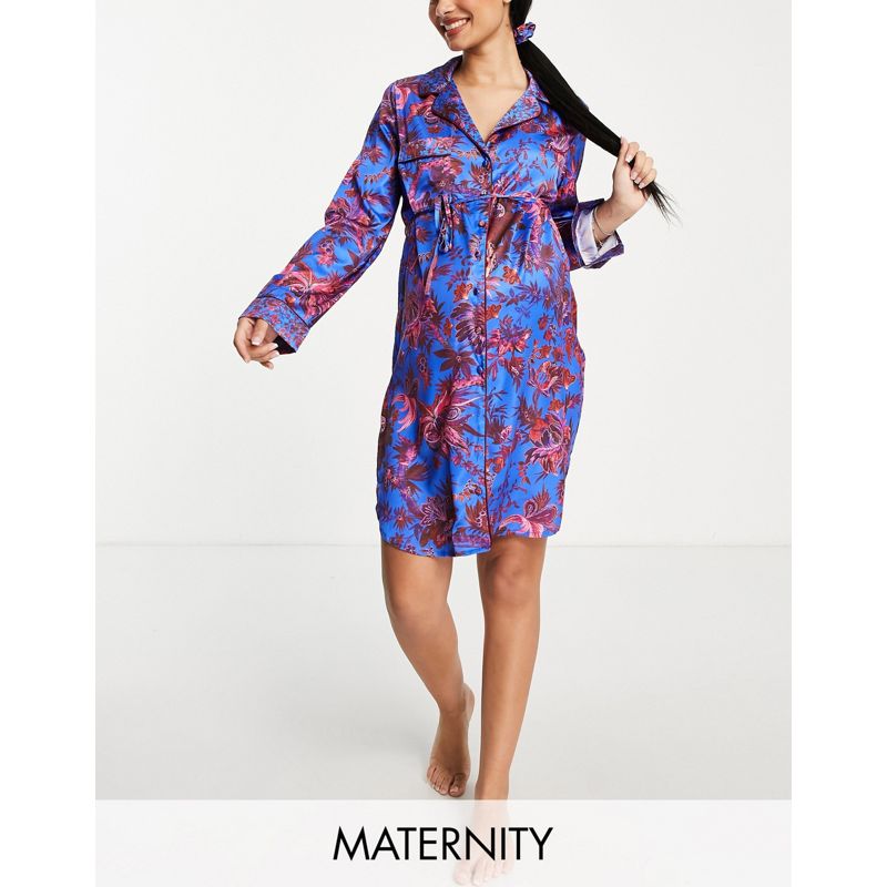Intimo e abbigliamento notte U7pC6 Hope & Ivy Maternity - Set con camicia da notte in raso ed elastico per capelli blu cobalto a fiori