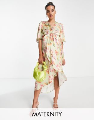 Hope & Ivy Maternity – Szałwiowa sukienka midi w kwiatowy wzór z ozdobnym węzłem z przodu