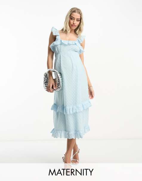 Hope & Ivy Maternity textured spot frill midi dress in duck egg blue - view 1