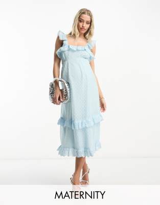 hope & ivy maternity textured spot frill midi dress in duck egg blue