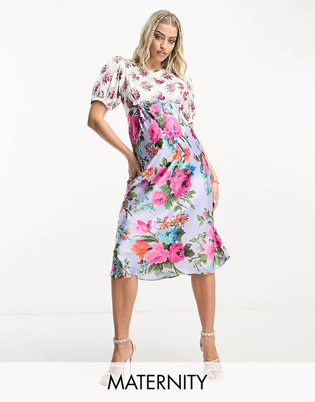 Hope & Ivy Maternity - tie back puff sleeve midi dress in contrast floral