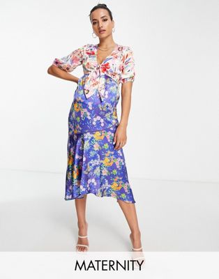 Hope & Ivy Maternity tie front midi tea dress contrast floral
