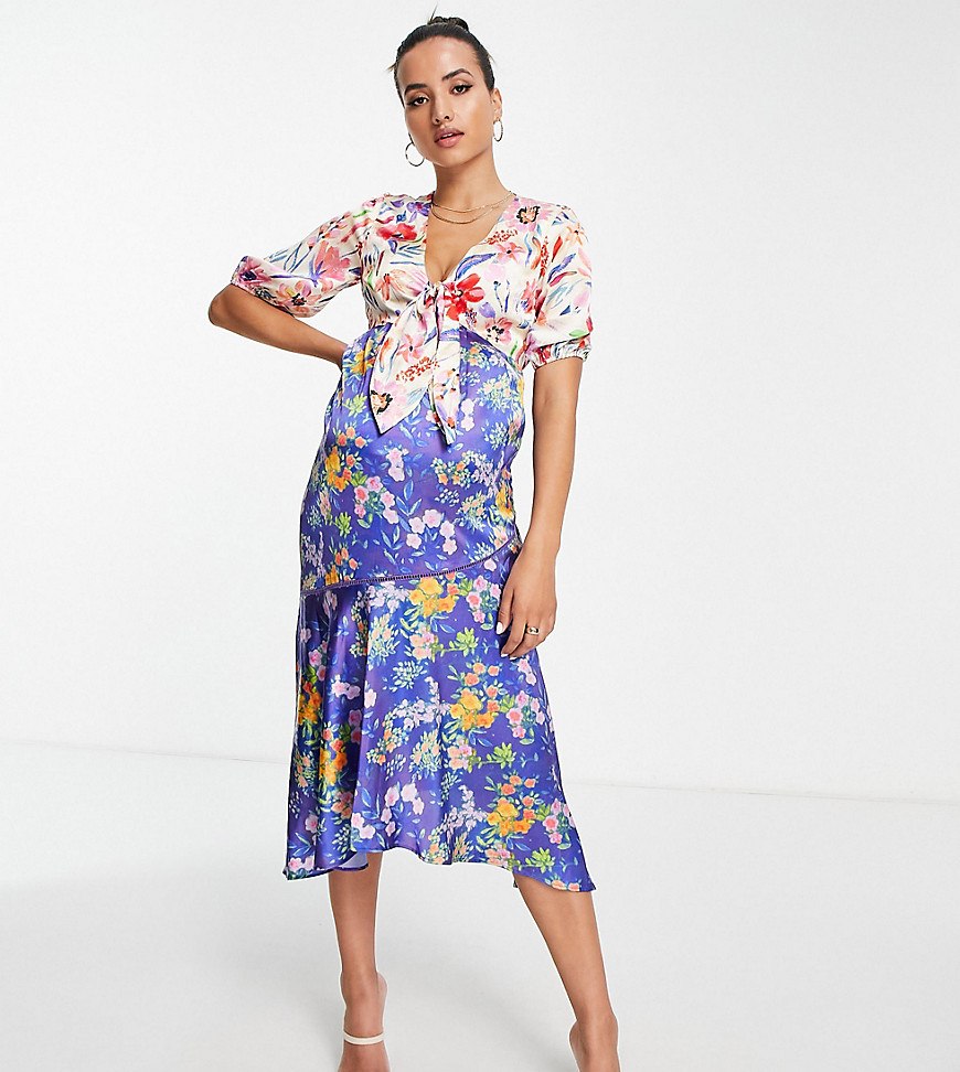 Hope & Ivy Maternity tie front midi tea dress contrast floral-White