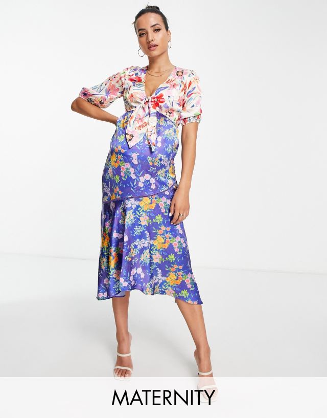 Hope & Ivy Maternity - tie front midi tea dress contrast floral