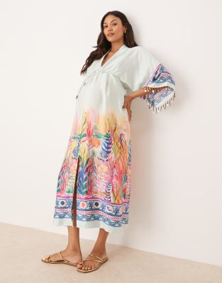 Hope & Ivy Maternity tie waist kimono wrap midi dress in blue scenic print - view 1