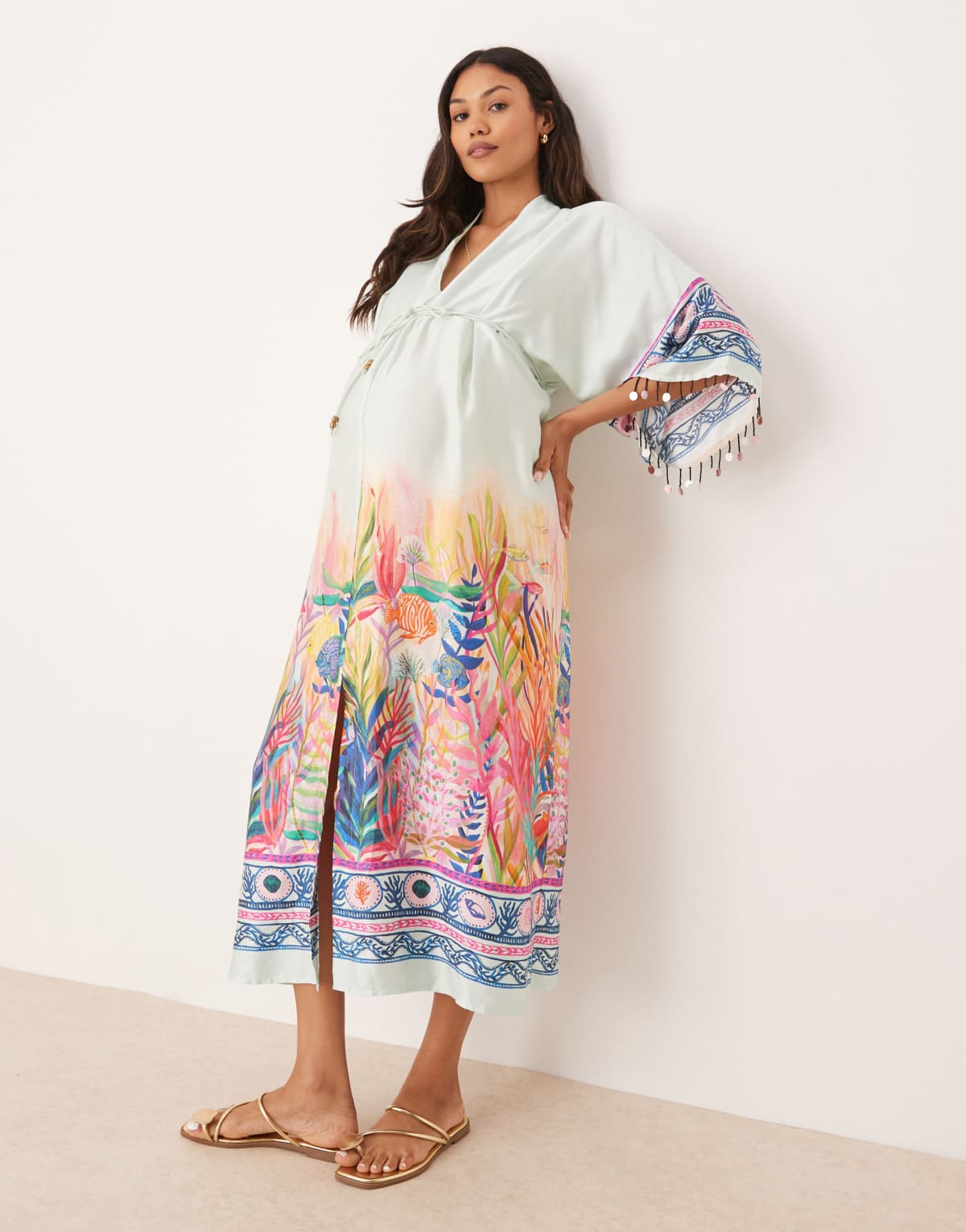 Hope & Ivy Maternity tie waist kimono wrap midi dress in blue scenic print