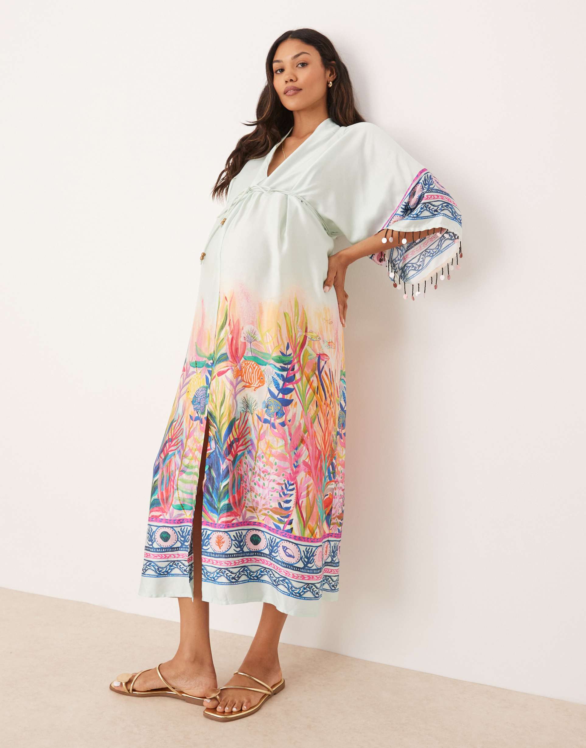 hope & ivy maternity tie waist kimono wrap midi dress in blue scenic print