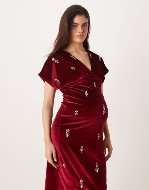 Hope & Ivy Maternity v-neck embellished velvet midi dress in burgundy - view 1