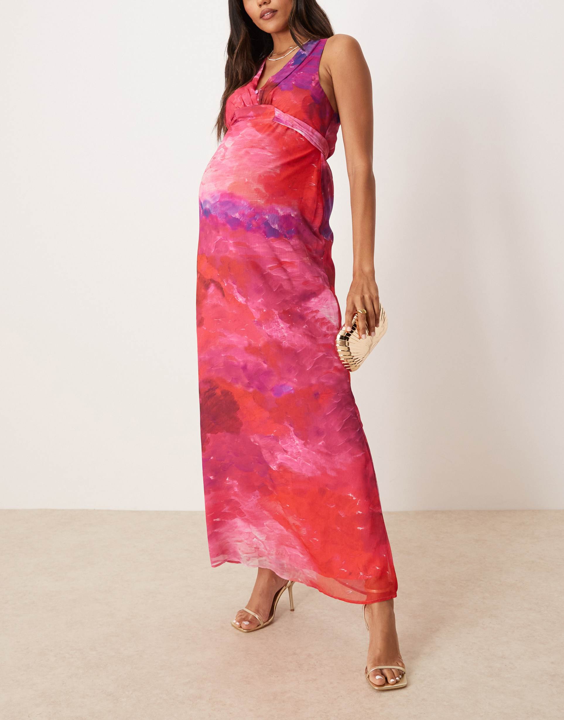 hope & ivy maternity v-neck maxi dress with tie back in pink print