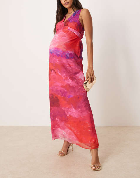 Hope & Ivy Maternity v-neck maxi dress with tie back in pink print