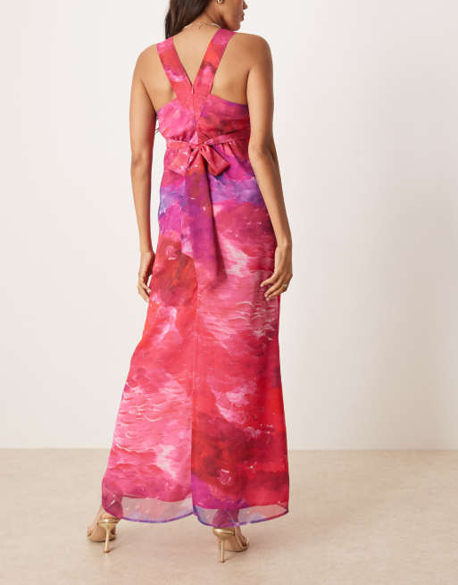 Hope & Ivy Maternity v-neck maxi dress with tie back in pink print, 3 of 4