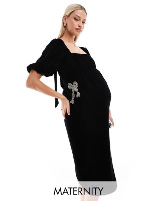 velvet square neck midi dress with embellished bows in black